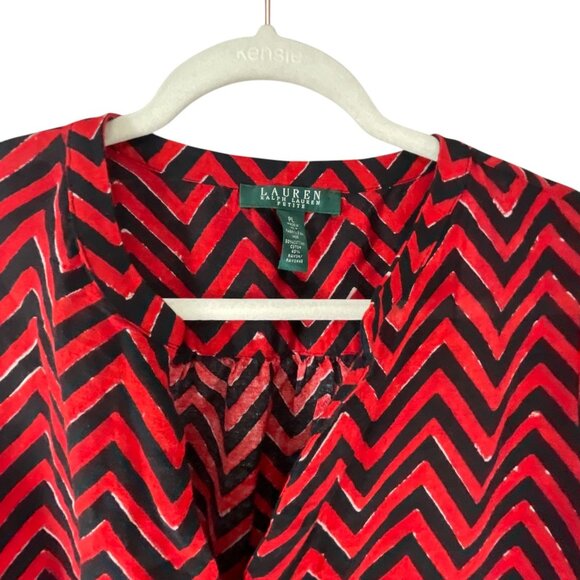 Lauren Ralph Lauren Red Black Chevron Blouse PL Long Sleeves Cotton Blend Office - Picture 4 of 9
